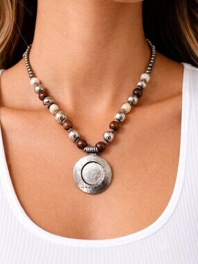 Boho Cream Silver Brown Chunky Necklace - Vintage All around L 21", New with tag
